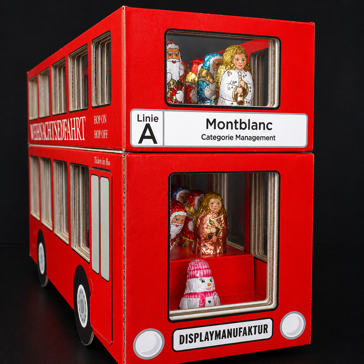 Montblanc Adventskalender in Form eines roten Doppeldeckerbusses als hochwertige POS-Verpackung.