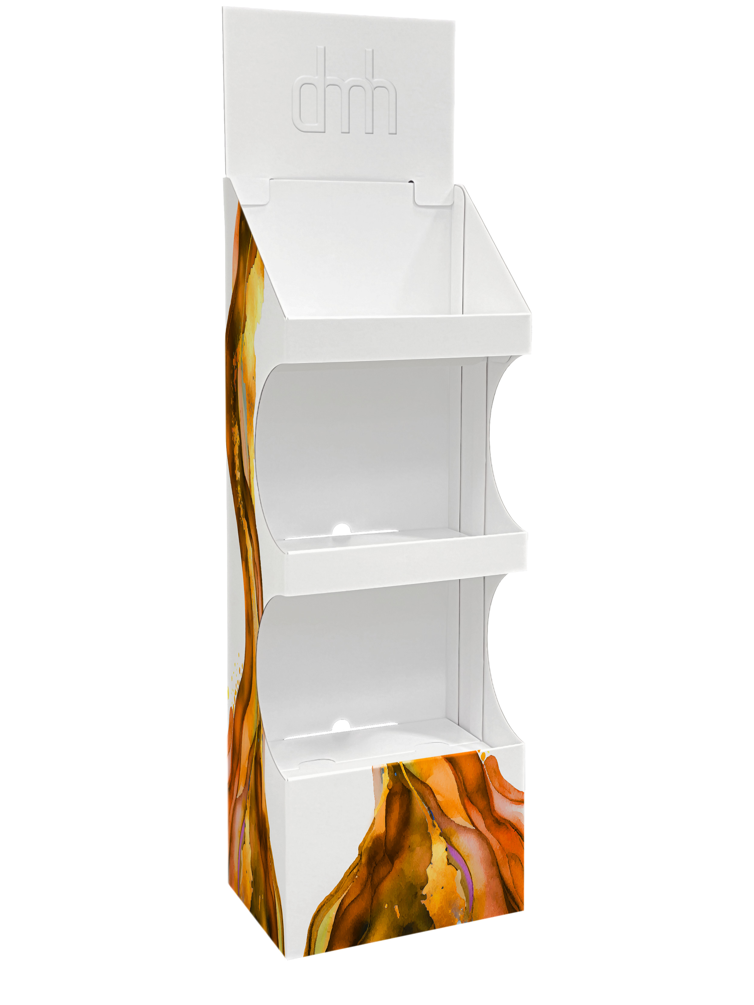 Bodensteller mit 3-Lagen. Hoher Sockel für mehr Kommunikation an der Frontseite und Topschild zum stecken. 