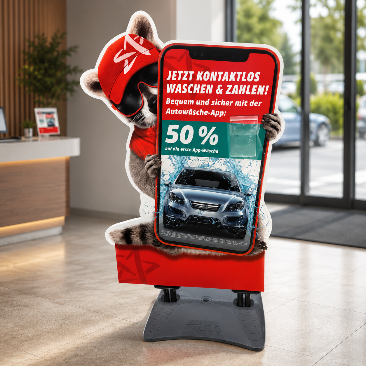 Werbewirksamer POS-Bodenaufsteller für kontaktlose Autowäsche und App-Promotion mit aufmerksamkeitsstarkem Motiv