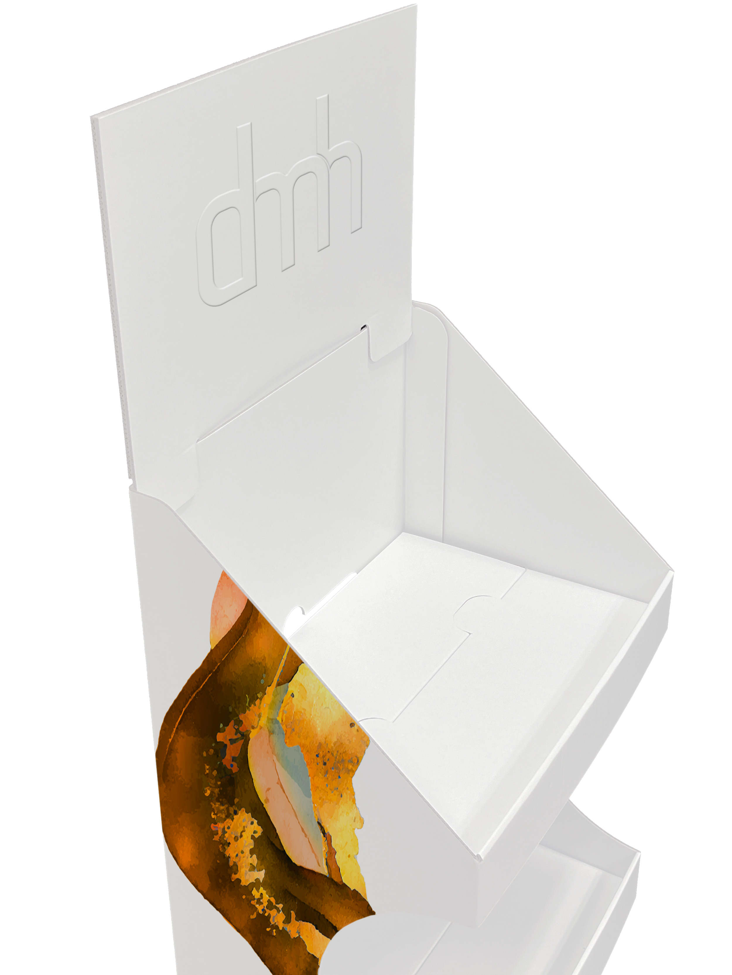 Bodensteller mit 3-Lagen. Hoher Sockel für mehr Kommunikation an der Frontseite und Topschild zum stecken. 