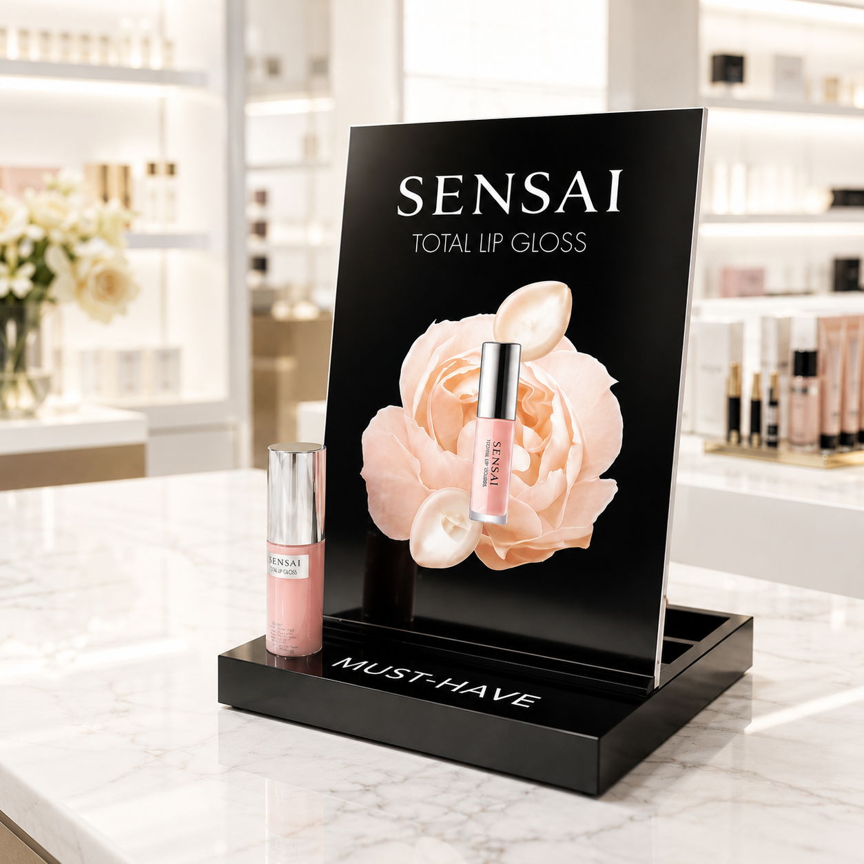 Elegantes Sensai Thekendisplay für Total Lip Gloss im Parfümerie- und Kosmetikhandel.