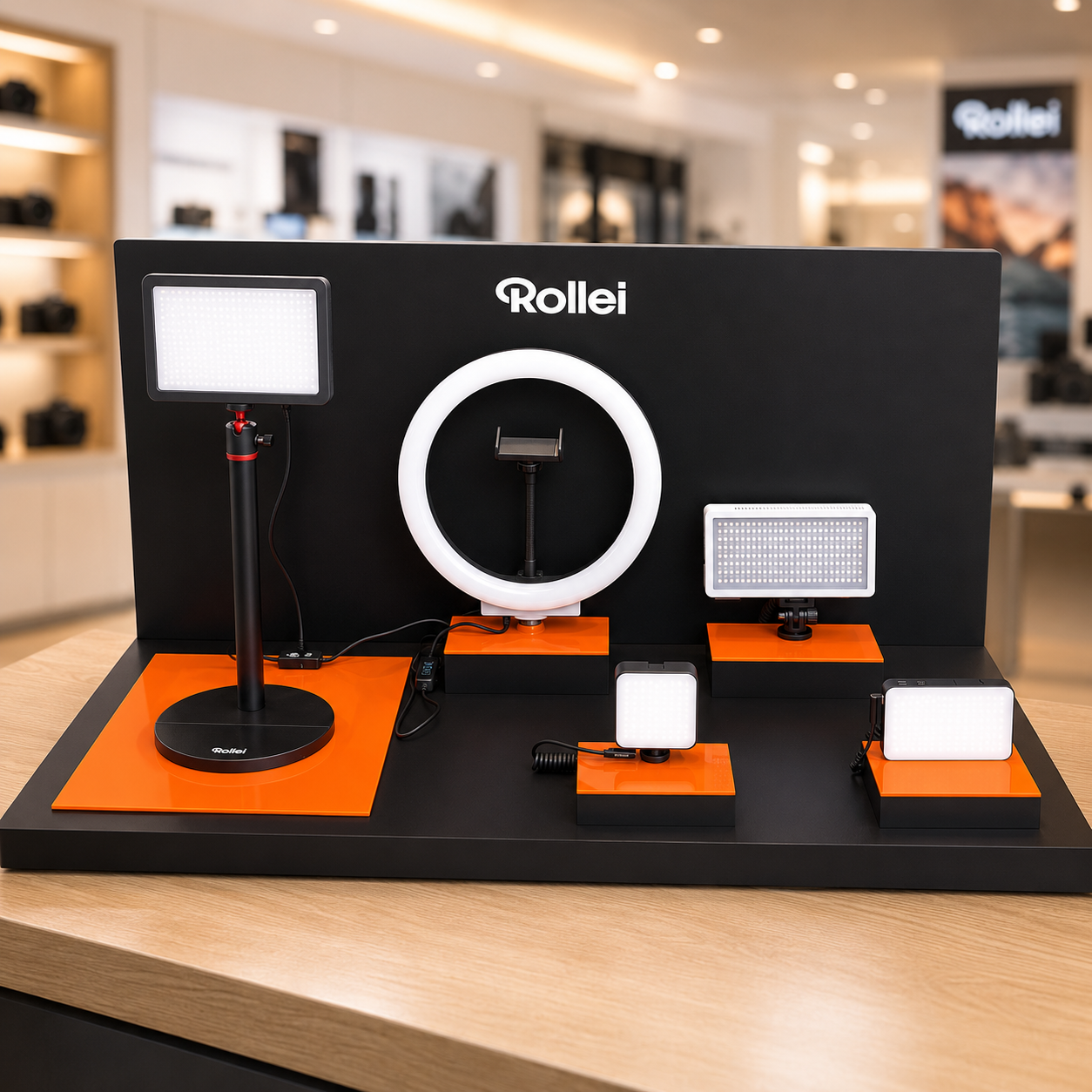 POS-Verkaufsdisplay von Rollei für LED-Leuchten und Ringlichter im Fachhandel.